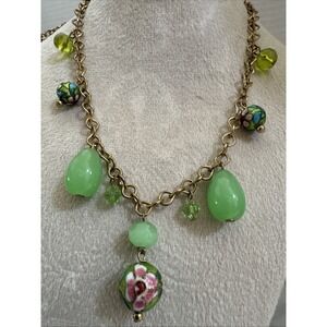 Green Glass and Cloisonné Beaded Adjustable Choker Pendant Necklace